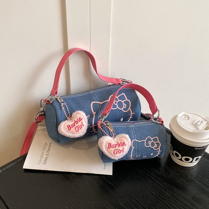 Mini Round Denim Shoulder Bag with Embroidery - Image 5