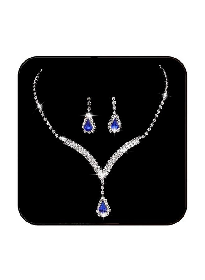 EARENT Bridal Rhinestone Jewelry Set Bride Wedding Necklace Earrings Sets Crystal Choker Necklaces Tassel Dangle Earring Costume Prom Jewelry For Women And Girls(Set Of 2) (Eroyal Blue) - Image 1