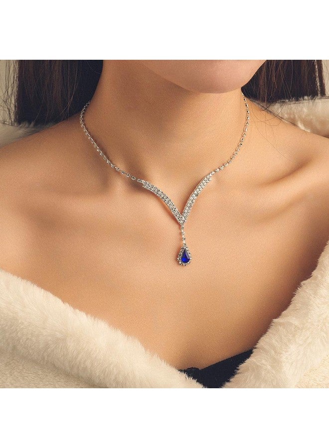 EARENT Bridal Rhinestone Jewelry Set Bride Wedding Necklace Earrings Sets Crystal Choker Necklaces Tassel Dangle Earring Costume Prom Jewelry For Women And Girls(Set Of 2) (Eroyal Blue) - Image 2