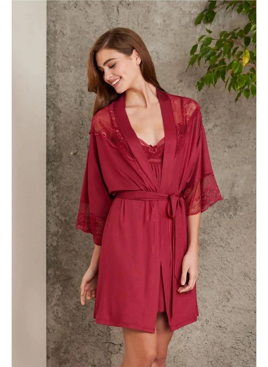 بيير كاردان 4010 Women's Lace Combed Cotton Nightgown Dressing Gown Set-Burgundy