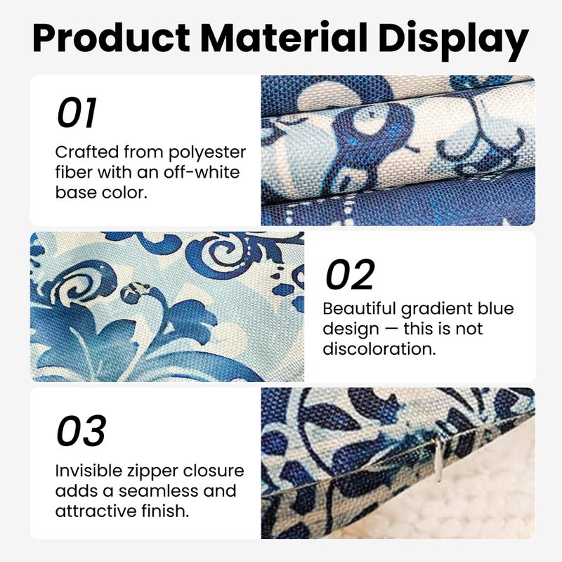 M-Qizi Vintage Blue and White Throw Pillow Covers 18x18 Set of 4, Retro Boho Ethnic Navy Blue Moroccan Tile Mediterranean Decorative Pillow Covers for Home Room, Chinoiserie Decor Pillowcases - Image 3