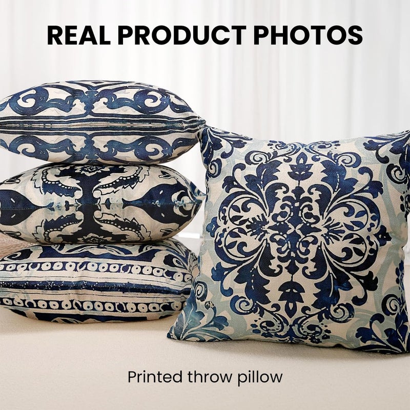M-Qizi Vintage Blue and White Throw Pillow Covers 18x18 Set of 4, Retro Boho Ethnic Navy Blue Moroccan Tile Mediterranean Decorative Pillow Covers for Home Room, Chinoiserie Decor Pillowcases - Image 4