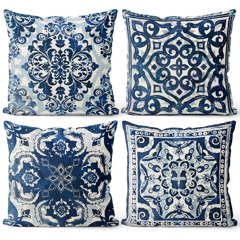 M-Qizi Vintage Blue and White Throw Pillow Covers 18x18 Set of 4, Retro Boho Ethnic Navy Blue Moroccan Tile Mediterranean Decorative Pillow Covers for Home Room, Chinoiserie Decor Pillowcases - Image 1