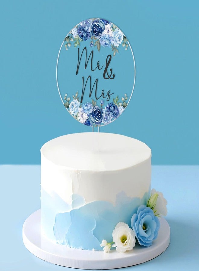 CORNER LACE Dusty Blue Floral Mr & Mrs Wedding Acrylic Cake Topper - Round Floral Cake Decoration for Bride and Groom, Flower Wedding, Bridal Shower, Engagement, Anniversary, Bachelorette Party Supply - Image 1