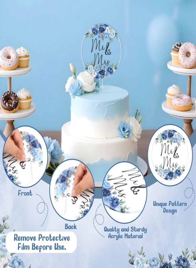 CORNER LACE Dusty Blue Floral Mr & Mrs Wedding Acrylic Cake Topper - Round Floral Cake Decoration for Bride and Groom, Flower Wedding, Bridal Shower, Engagement, Anniversary, Bachelorette Party Supply - Image 5