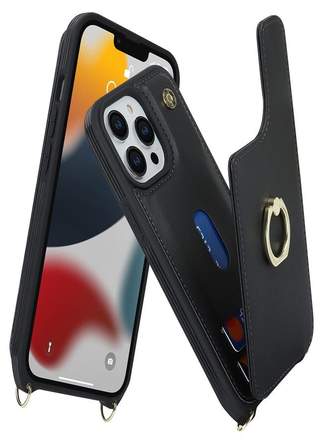 جراب Lipvina لهاتف iPhone 12/12 Pro مع حامل بطاقات وحزام للنساء، حبل للكتف، حامل حلقي، مشبك كبس، جراب محفظة للهاتف 6.1 بوصة (أسود) - Image 2