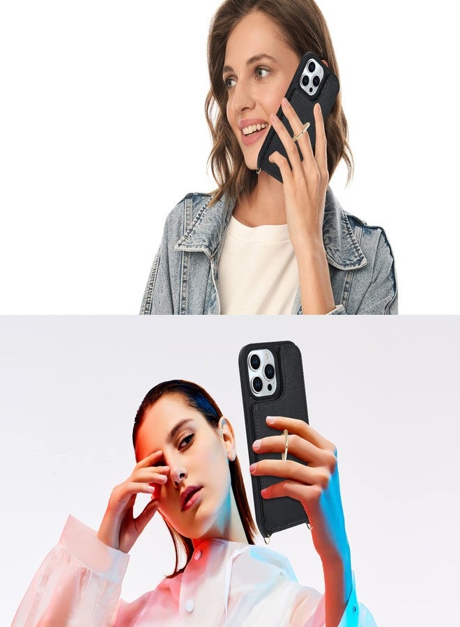 جراب Lipvina لهاتف iPhone 12/12 Pro مع حامل بطاقات وحزام للنساء، حبل للكتف، حامل حلقي، مشبك كبس، جراب محفظة للهاتف 6.1 بوصة (أسود) - Image 5