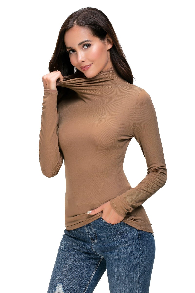 WOSALBA Womens Mock Turtleneck Long Sleeve Stretch Fitted Underscrubs Layer Tee Tops (S, Coffee) - Image 3