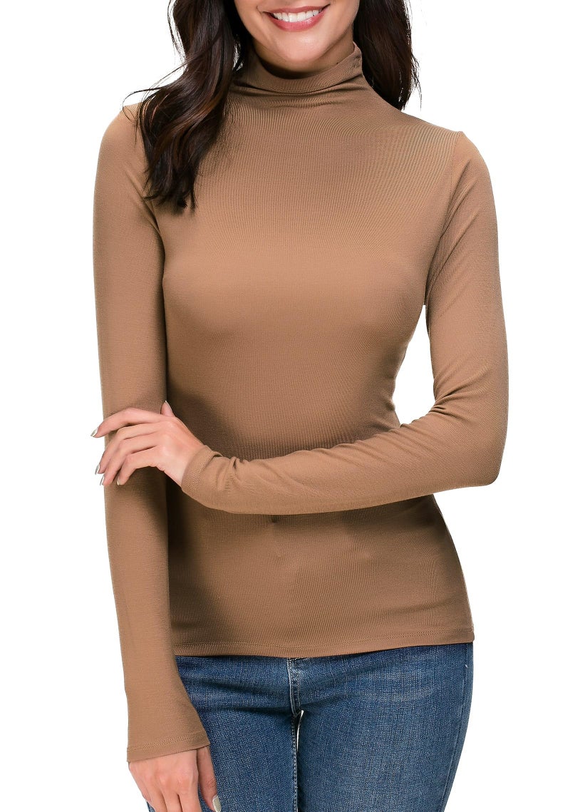 WOSALBA Womens Mock Turtleneck Long Sleeve Stretch Fitted Underscrubs Layer Tee Tops (S, Coffee) - Image 2