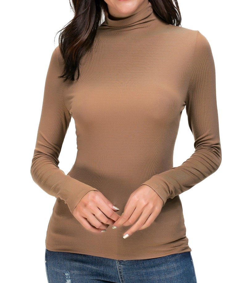 WOSALBA Womens Mock Turtleneck Long Sleeve Stretch Fitted Underscrubs Layer Tee Tops (S, Coffee) - Image 1