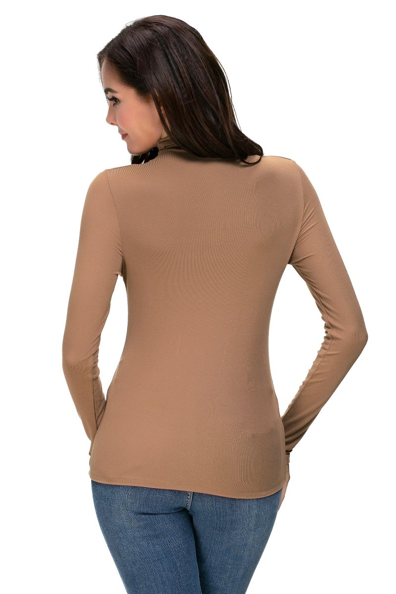 WOSALBA Womens Mock Turtleneck Long Sleeve Stretch Fitted Underscrubs Layer Tee Tops (S, Coffee) - Image 4