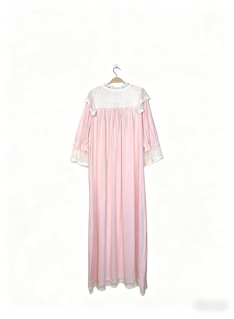 أوركيد فستان نوم نسائي وردي بأكمام طويلة، دانتيل على طراز الأميرة، بيجاما طويلة للمنزل - Image 3