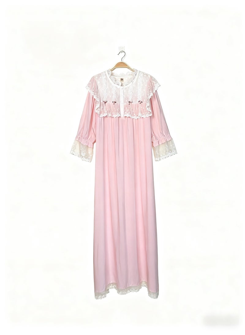 أوركيد فستان نوم نسائي وردي بأكمام طويلة، دانتيل على طراز الأميرة، بيجاما طويلة للمنزل - Image 2