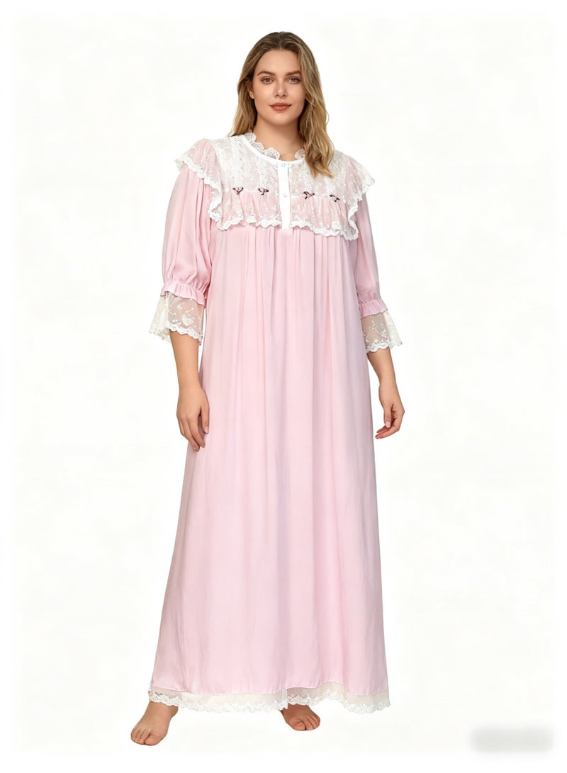أوركيد فستان نوم نسائي وردي بأكمام طويلة، دانتيل على طراز الأميرة، بيجاما طويلة للمنزل - Image 1
