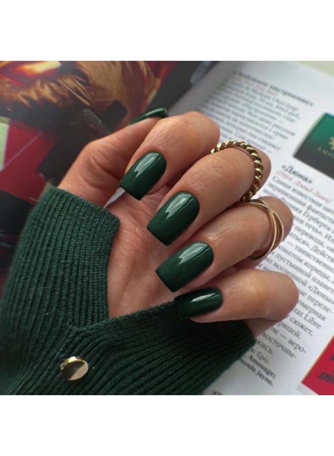 XCREANDO Emerald Green PPress on Nails Short Medium Square Glue on Nails SetXcreando Summer Square Fake Nail Short Coffin Nails Press ons Medium Length Gel False Nail For Women 24 Pcs Dark green - Image 1