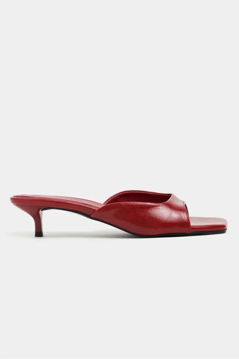 Nisantasi Shoes Hazel Rustic Patterned Square Toe Slim Heel Mules — Red