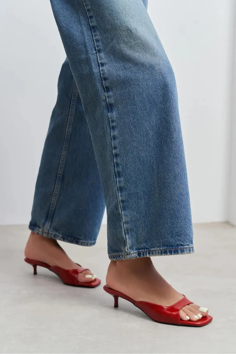 Nisantasi Shoes  Hazel Rustic Patterned Square Toe Slim Heel Mules — Red for Women | Best Price UAE