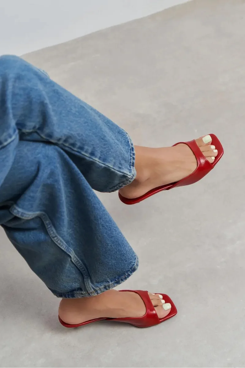 Nisantasi Shoes  Hazel Rustic Patterned Square Toe Slim Heel Mules — Red for Women | Best Price UAE