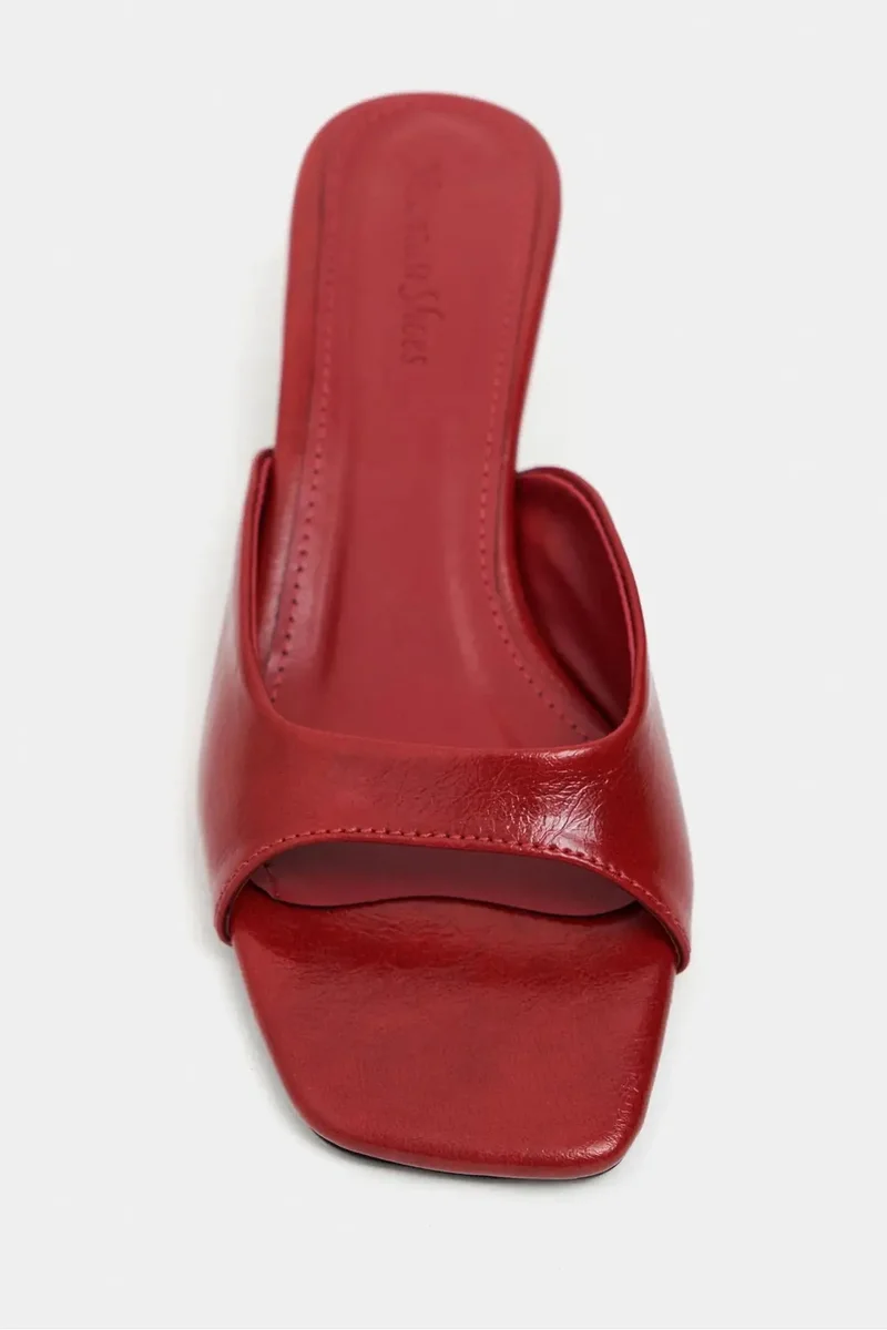 Nisantasi Shoes  Hazel Rustic Patterned Square Toe Slim Heel Mules — Red for Women | Best Price UAE