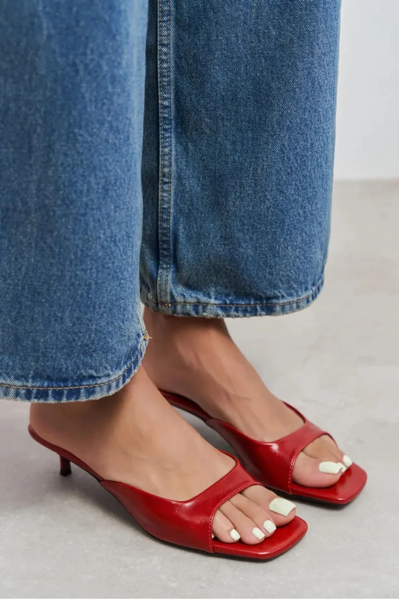 Nisantasi Shoes  Hazel Rustic Patterned Square Toe Slim Heel Mules — Red for Women | Best Price UAE