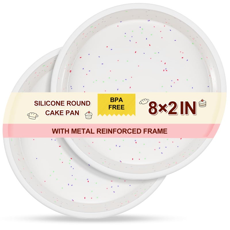 SJ 8 Inch Silicone Round Cake Pan with Metal Reinforced Frame Set of 2, Nonstick Silicone Cake Mold for Baking Suitable for Making Layers, Cheese & Chocolate Cakes - Image 1