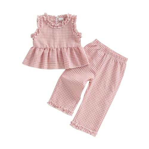 GOOCHEER Toddler Girl Clothes Baby Summer Outfits Plaid Ruffle Sleeveless Vest Tank Tops Pants Set 12 18 24 Month 2T 3T 4T (#Ruffle-Pink, 12-18 Months) - Image 1