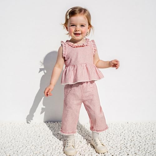 GOOCHEER Toddler Girl Clothes Baby Summer Outfits Plaid Ruffle Sleeveless Vest Tank Tops Pants Set 12 18 24 Month 2T 3T 4T (#Ruffle-Pink, 12-18 Months) - Image 2