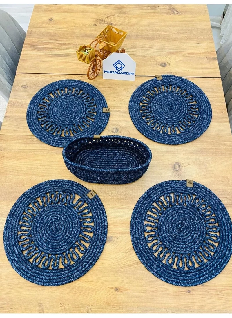BDZ Deri BDZ Leather Jute Wicker American Service Plate and Basket 5 Pieces