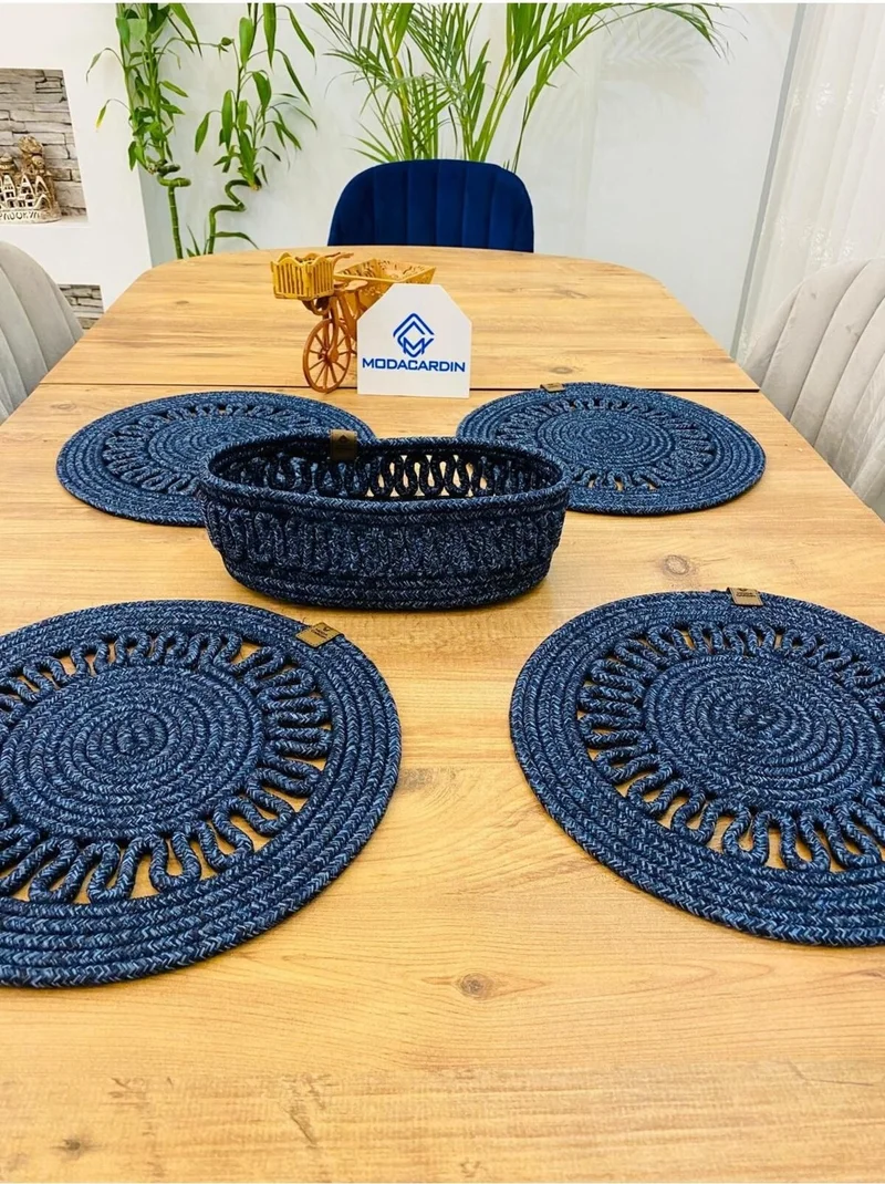 BDZ Deri BDZ Leather Jute Wicker American Service Plate and Basket 5 Pieces