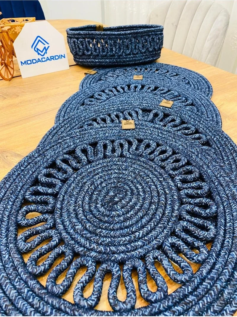 BDZ Deri BDZ Leather Jute Wicker American Service Plate and Basket 5 Pieces