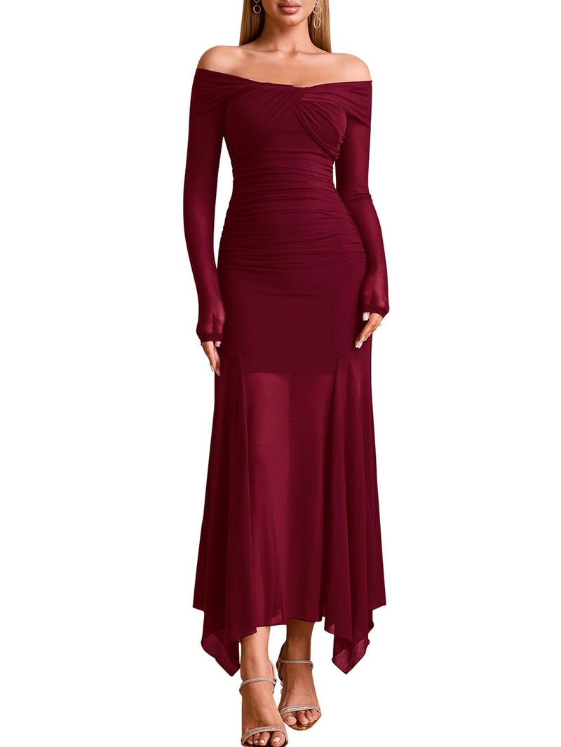 EYNMIN Women's Off The Shoulder Maxi Dress Long Sleeve Ruched Bodycon Asymmetrical Mesh Formal Fall Wedding Guest Dresses Wine - Image 1