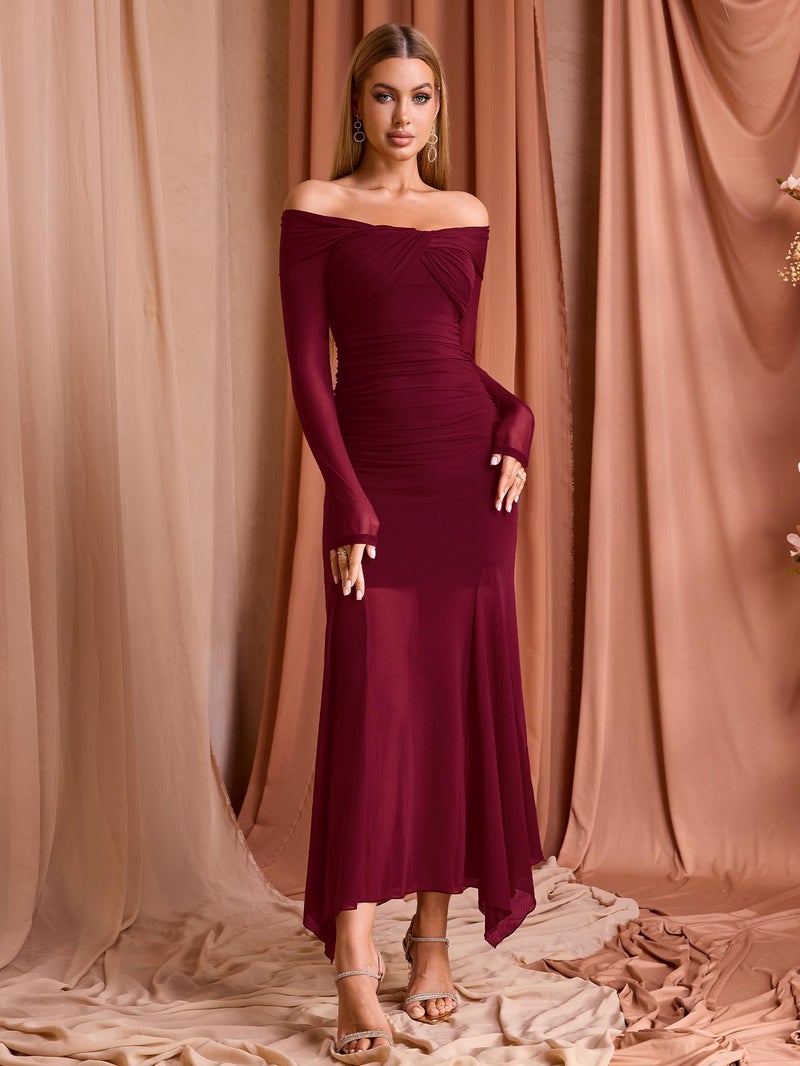 EYNMIN Women's Off The Shoulder Maxi Dress Long Sleeve Ruched Bodycon Asymmetrical Mesh Formal Fall Wedding Guest Dresses Wine - Image 2