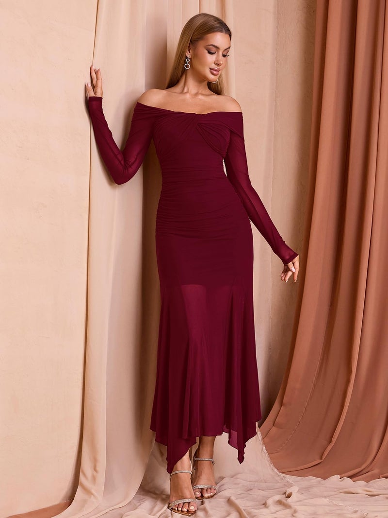 EYNMIN Women's Off The Shoulder Maxi Dress Long Sleeve Ruched Bodycon Asymmetrical Mesh Formal Fall Wedding Guest Dresses Wine - Image 5
