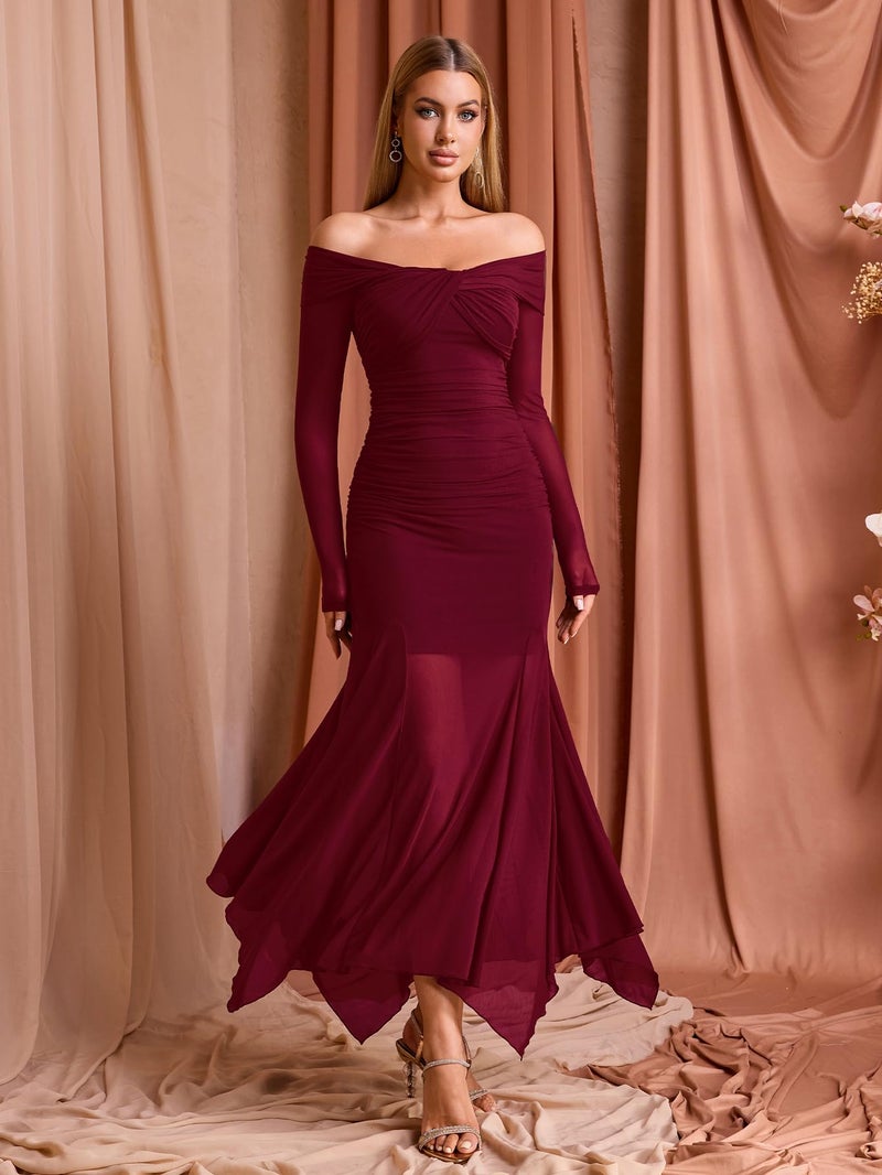 EYNMIN Women's Off The Shoulder Maxi Dress Long Sleeve Ruched Bodycon Asymmetrical Mesh Formal Fall Wedding Guest Dresses Wine - Image 3