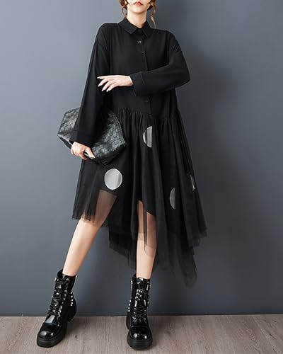 ellazhu Women's Dress Lapel Button Down Mesh Patchwork Long Sleeve Plus Size Irregular Hem GZ714 Black - Image 2