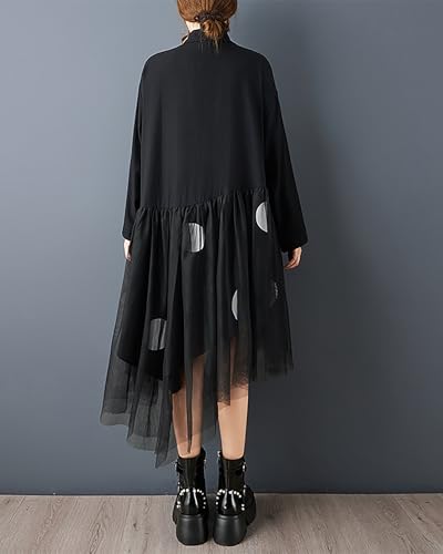 ellazhu Women's Dress Lapel Button Down Mesh Patchwork Long Sleeve Plus Size Irregular Hem GZ714 Black - Image 5