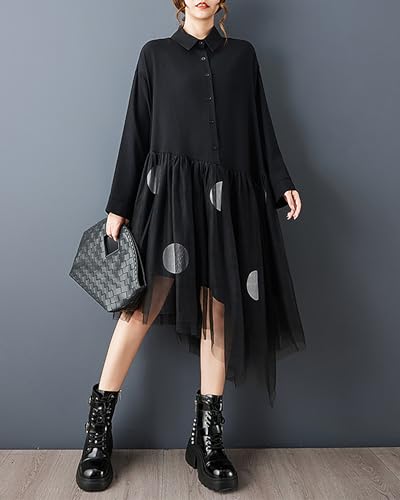 ellazhu Women's Dress Lapel Button Down Mesh Patchwork Long Sleeve Plus Size Irregular Hem GZ714 Black - Image 4