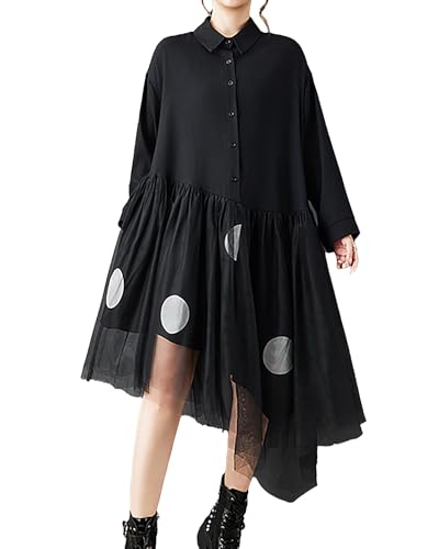 ellazhu Women's Dress Lapel Button Down Mesh Patchwork Long Sleeve Plus Size Irregular Hem GZ714 Black - Image 1