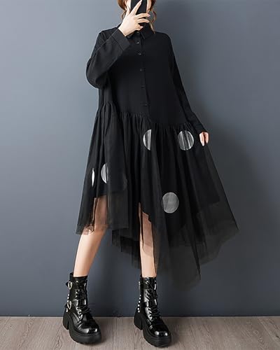 ellazhu Women's Dress Lapel Button Down Mesh Patchwork Long Sleeve Plus Size Irregular Hem GZ714 Black - Image 3
