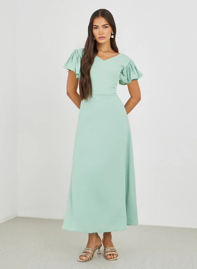 Solid Flutter Sleeves A-Line Maxi Dress