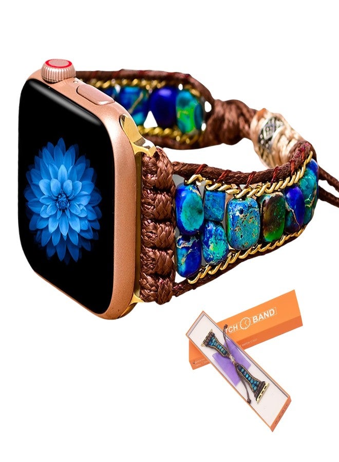 سربرايز باي سوار ساعة SURPRISE PIE نسائي مصنوع يدويًا من الخرز البوهيمي متوافق مع أساور ساعة Apple Watch الأنيقة وحزام ساعة مضفر قابل للتعديل من الحجر لسلسلة Iwatch Series 9 8 7 6 5 4 3 2 1 SE Ultra (أزرق - 42/44/45 مم) - Image 1