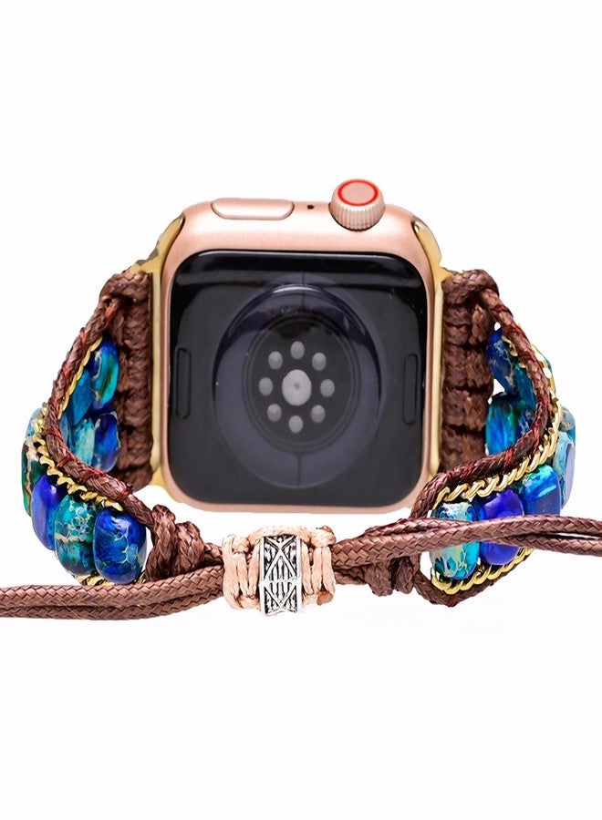 سربرايز باي سوار ساعة SURPRISE PIE نسائي مصنوع يدويًا من الخرز البوهيمي متوافق مع أساور ساعة Apple Watch الأنيقة وحزام ساعة مضفر قابل للتعديل من الحجر لسلسلة Iwatch Series 9 8 7 6 5 4 3 2 1 SE Ultra (أزرق - 42/44/45 مم) - Image 3