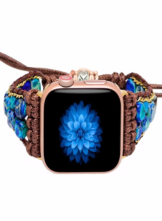 سربرايز باي سوار ساعة SURPRISE PIE نسائي مصنوع يدويًا من الخرز البوهيمي متوافق مع أساور ساعة Apple Watch الأنيقة وحزام ساعة مضفر قابل للتعديل من الحجر لسلسلة Iwatch Series 9 8 7 6 5 4 3 2 1 SE Ultra (أزرق - 42/44/45 مم) - Image 2