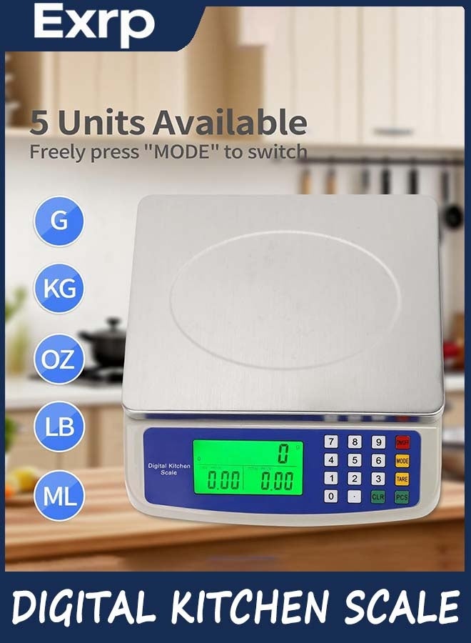 Exrp Large Digital Kitchen Scale 30KG Commercial Food Scale 66LB for Baking Bread Meat Stainless Steel Price Computing Scale LCD Display,Prep Counting Scale for Parts and Coins Adapter Included - Image 3