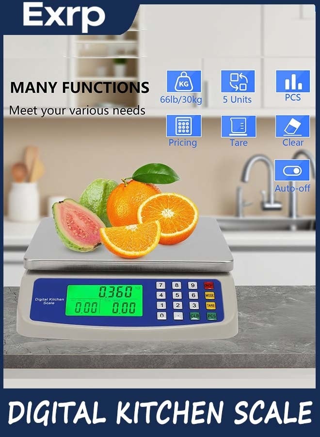 Exrp Large Digital Kitchen Scale 30KG Commercial Food Scale 66LB for Baking Bread Meat Stainless Steel Price Computing Scale LCD Display,Prep Counting Scale for Parts and Coins Adapter Included - Image 2