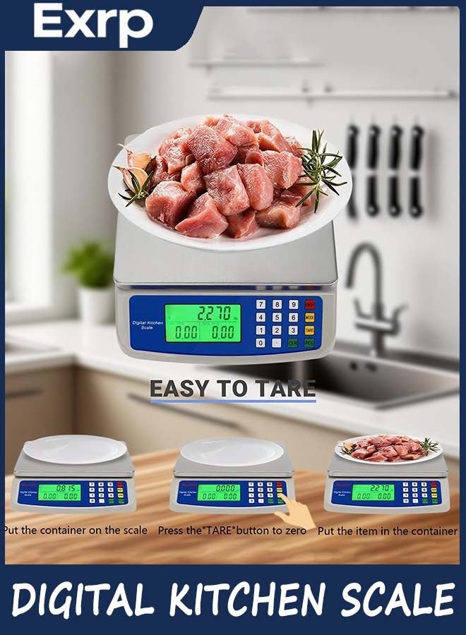 Exrp Large Digital Kitchen Scale 30KG Commercial Food Scale 66LB for Baking Bread Meat Stainless Steel Price Computing Scale LCD Display,Prep Counting Scale for Parts and Coins Adapter Included - Image 4