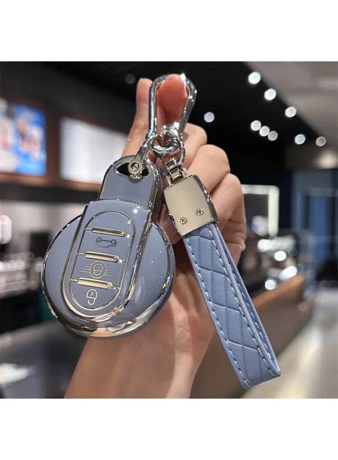 Blue Car Key Fob Cover With Keychain Lanyard For Mini Cooper Countryman Clubman - Image 1