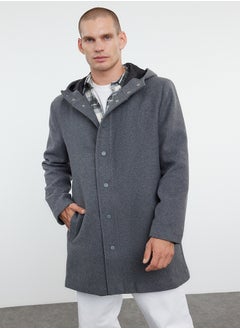 trendyol Anthracite Men's Winter Wool Blend Hooded Stamp Winter Coat TMNAW25KB00001  - Image 2