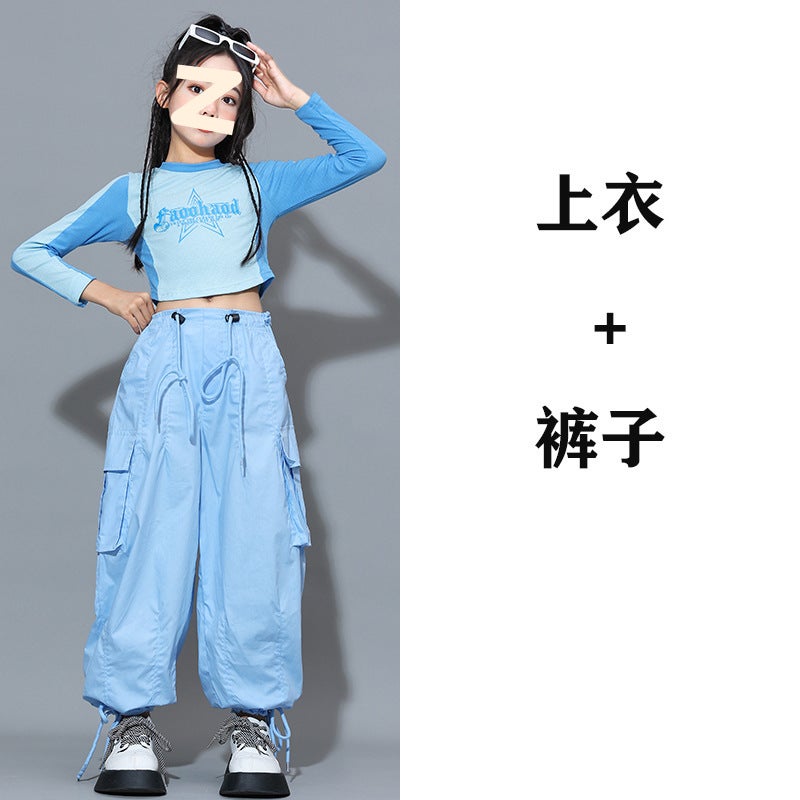 Girls Summer Dress Street Dance Sough and Handsome suit 2024 New Childrens Dopamine Show Jazz Dance Dress 2006 long-sleeved top + overalls 