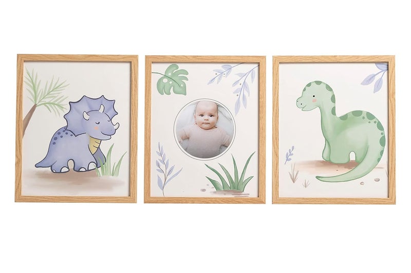 Reece Studio Dino Themed Baby Photo Frames, Nursery Wall Art Set of 3, Gift For New and Expecting Parents, Dinosaur - Image 1